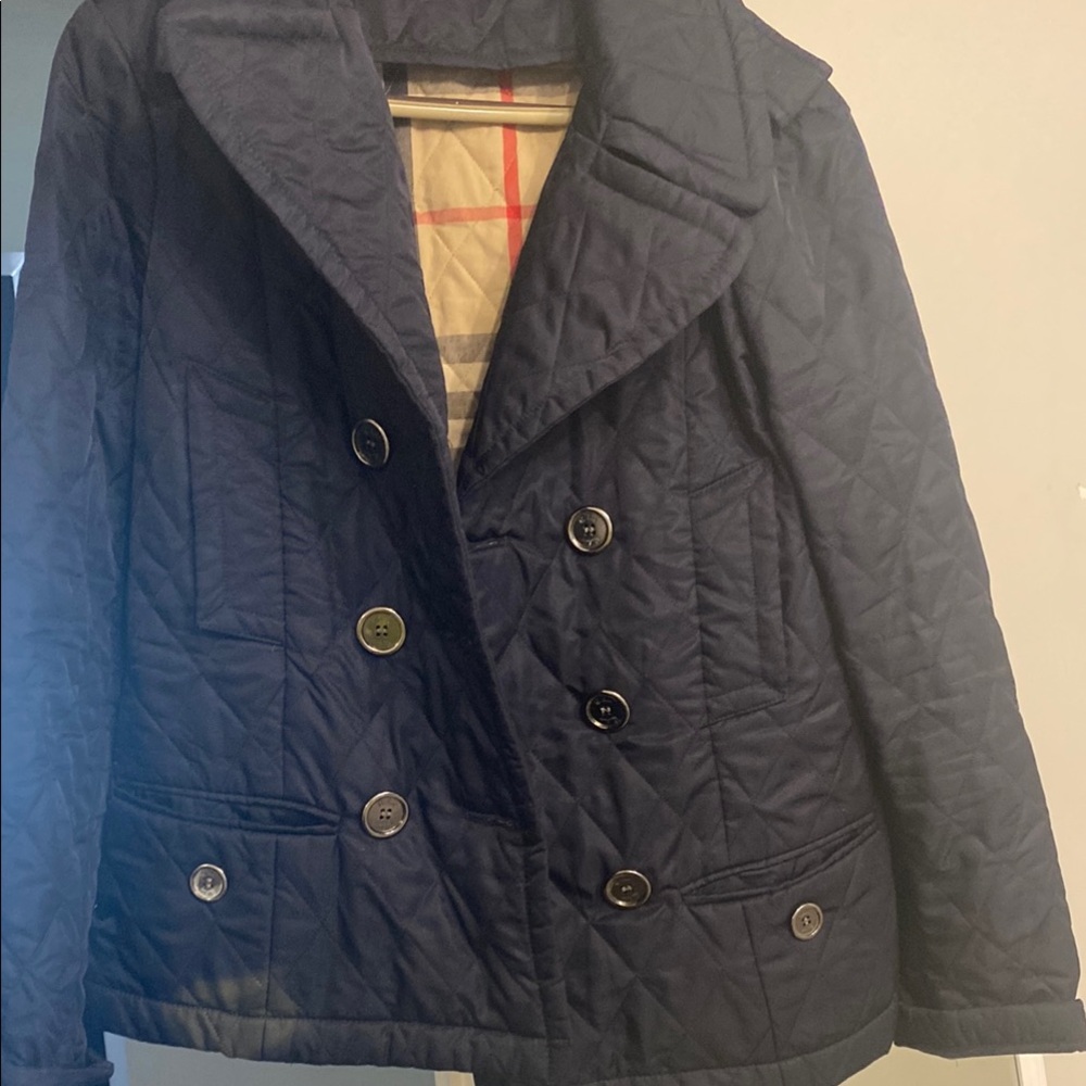 COPY - Burberry Blue Quilted Pea Coat with Wide Lapel